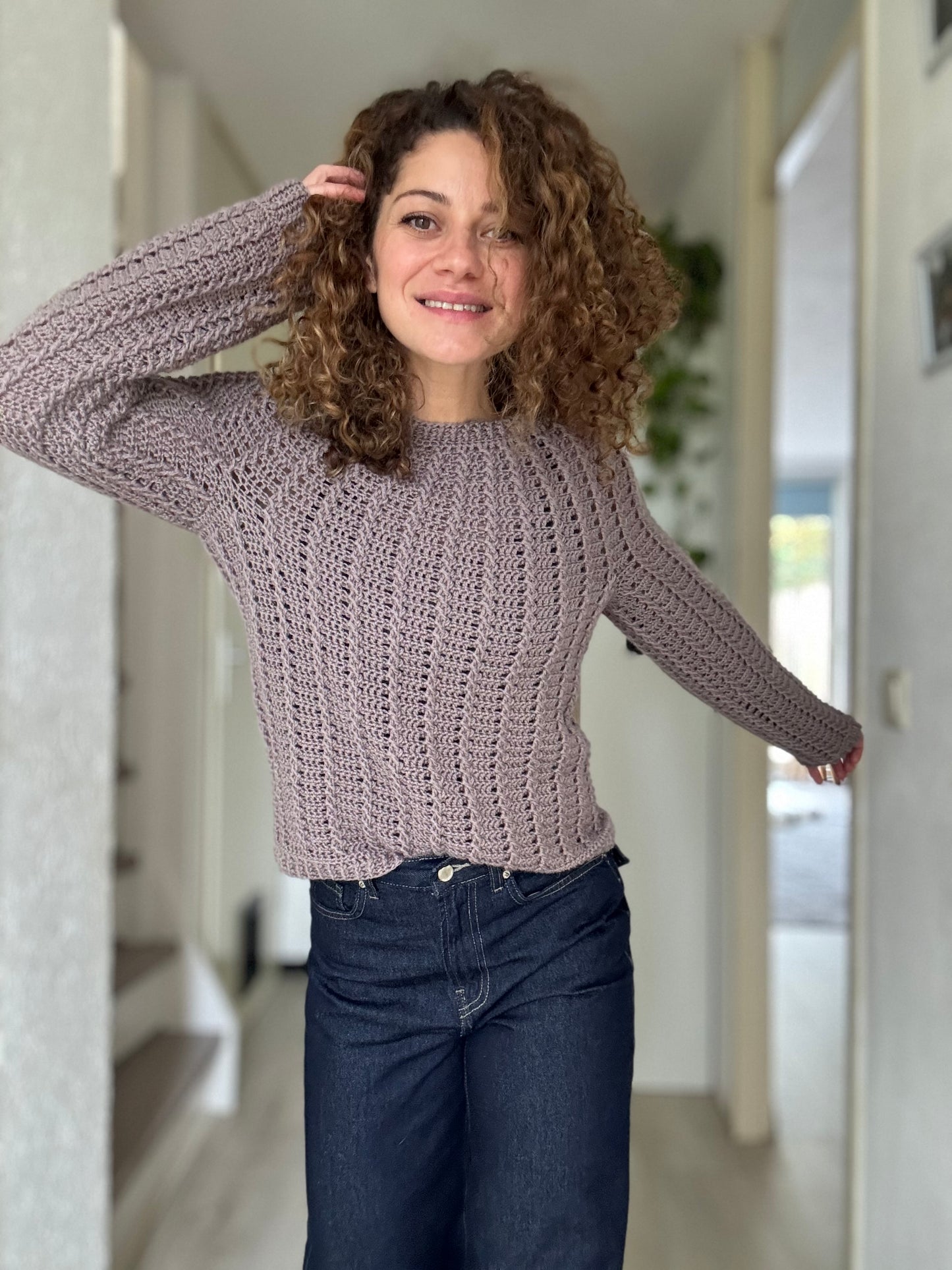 Aria Sweater Crochet Pattern | Top-Down Cable Sweater with Round Yoke & Anatomical Neckline | Digital PDF Pattern