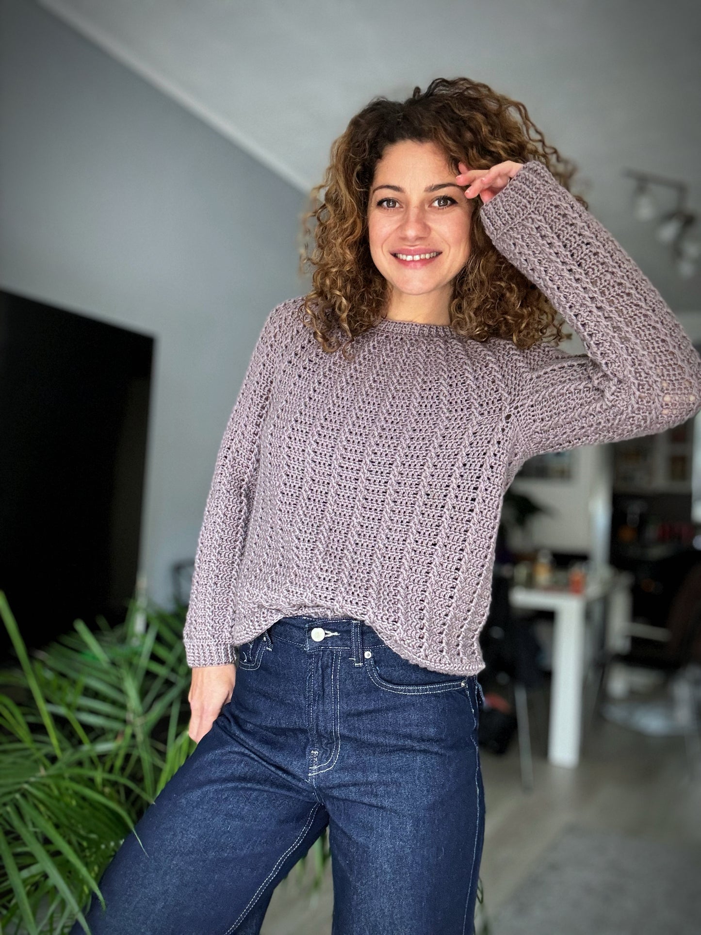 Aria Sweater Crochet Pattern | Top-Down Cable Sweater with Round Yoke & Anatomical Neckline | Digital PDF Pattern