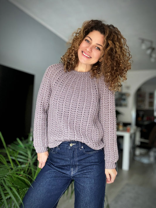 Aria Sweater Crochet Pattern | Top-Down Cable Sweater with Round Yoke & Anatomical Neckline | Digital PDF Pattern