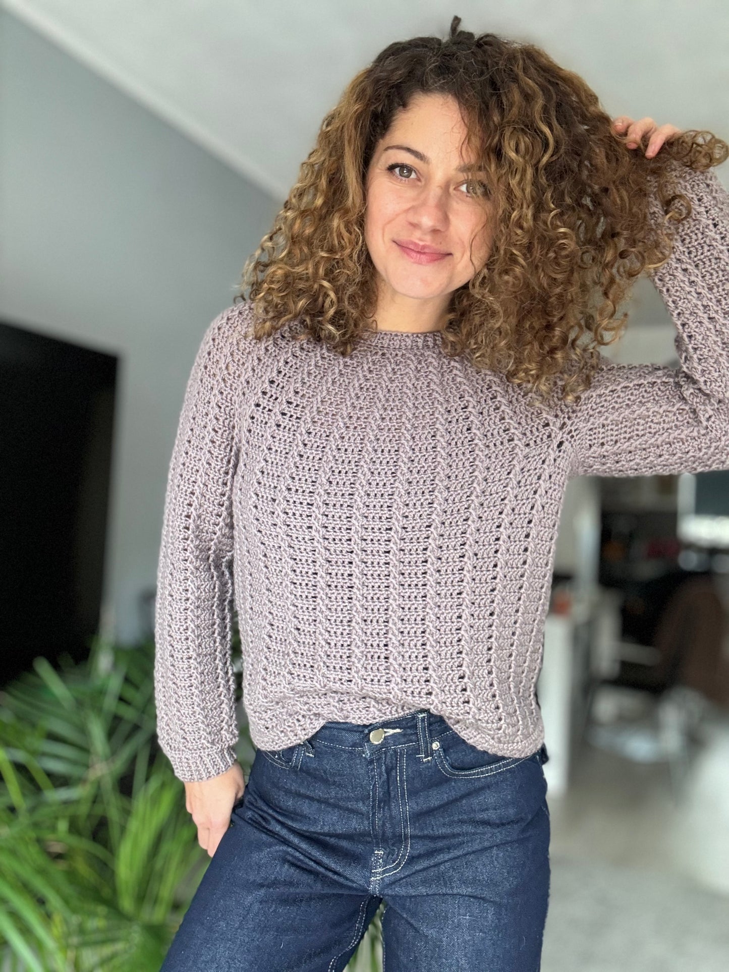 Aria Sweater Crochet Pattern | Top-Down Cable Sweater with Round Yoke & Anatomical Neckline | Digital PDF Pattern