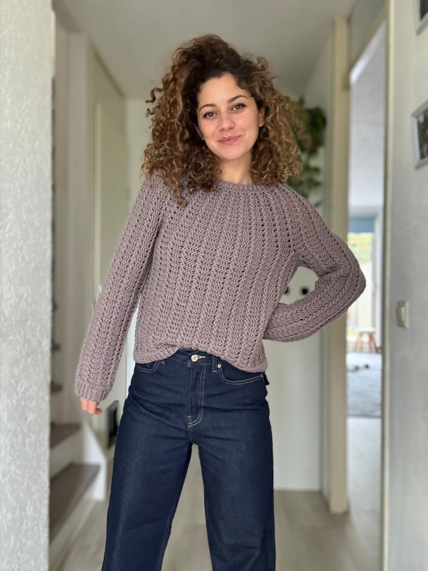 Aria Sweater Crochet Pattern | Top-Down Cable Sweater with Round Yoke & Anatomical Neckline | Digital PDF Pattern